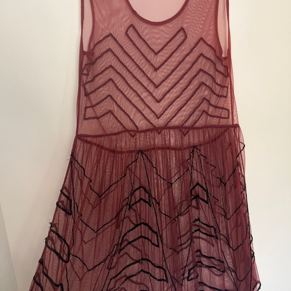 Free People Beaded Embellished Sheer Mesh Dress wine color